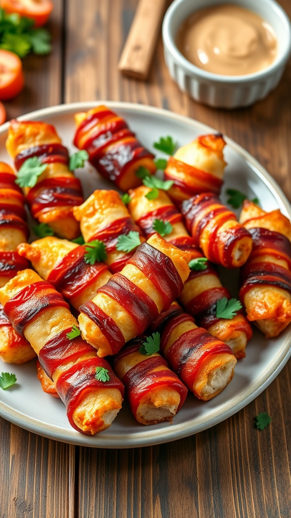 Crispy bacon-wrapped chicken bites on a plate, garnished with parsley and a bowl of dipping sauce.